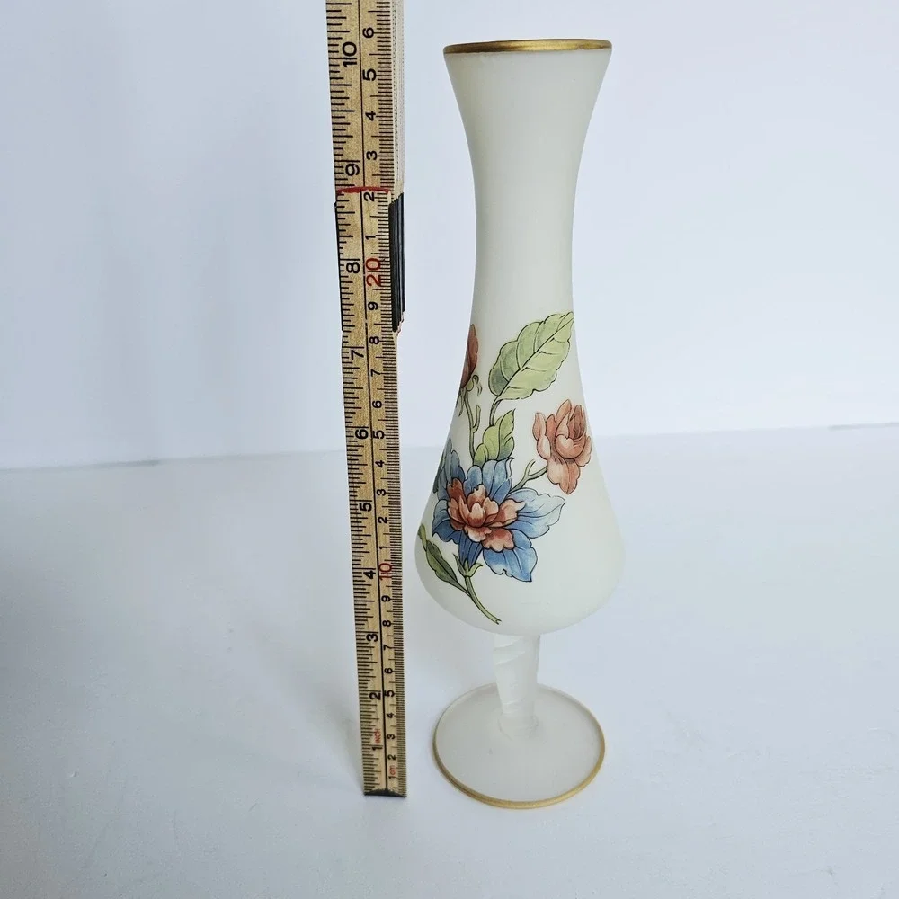 Vintage Frosted Satin Glass‎ Bud Vase Hand Painted Floral Gold Rim Decor 10.5in